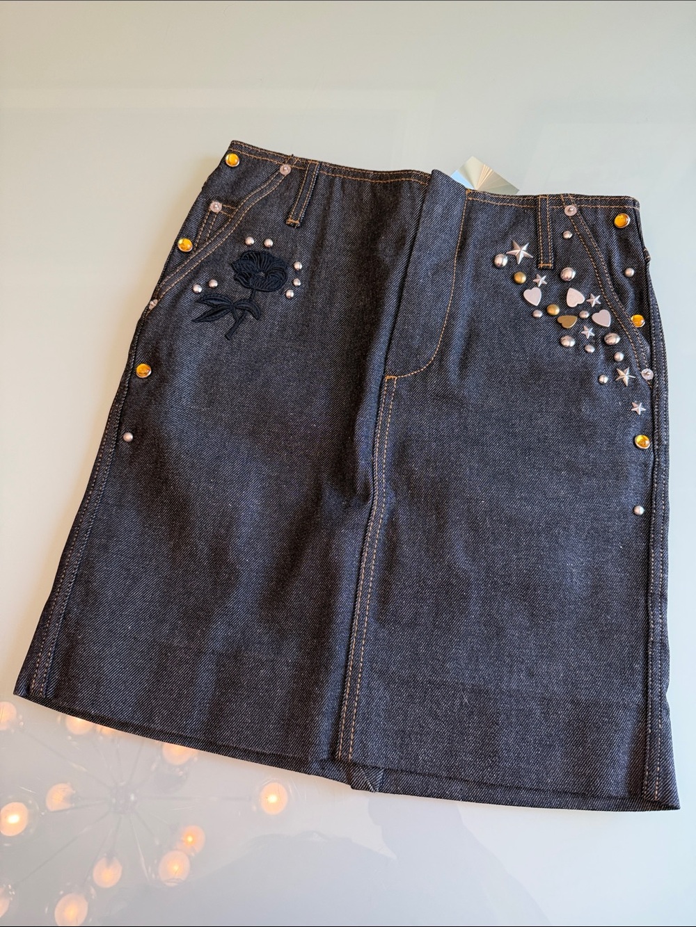 Coach 1941 Denim Embroidered Dark Wash Skirt Metal Hearts & Grommets Size 0
